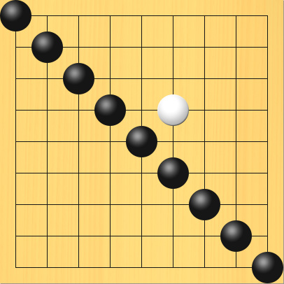 黒石がナナメにつながっている図。盤面図、黒1の1、黒2の2、黒3の3、黒4の4、黒5の5、黒6の6、黒7の7、黒8の8、黒9の9。白6の4