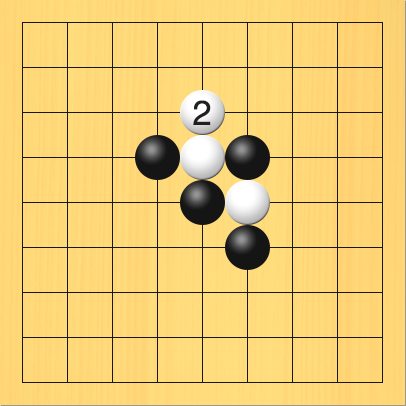 今度は白が上側の石を逃げた図。盤面図、黒4の4、黒5の5、黒6の6。白5の4、白6の5。進行手順、1手目・黒6の4、2手目・白5の3