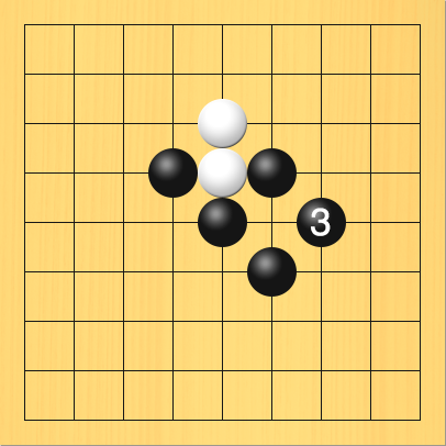 黒が右側の白石を取る図。進行手順、3手目・黒7の5に打って、白6の5の石を取る