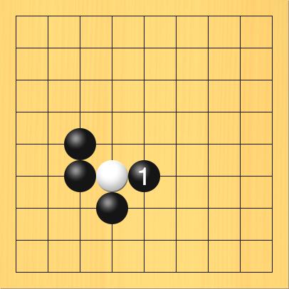 黒がシチョウの形で、白石をアタリにした図。盤面図、白4の6。黒3の5、黒3の6、黒4の7。進行手順、1手目・黒5の6
