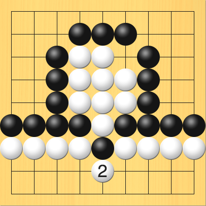 先ほど黒が打った石を白が取る図。進行手順、白5の8に打って、黒5の7の石を取る