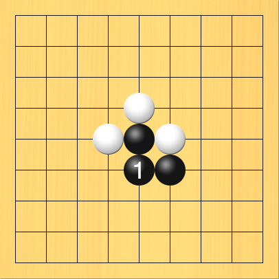 黒がアタリをツいだ図。盤面図、黒5の5、黒6の6。白4の5、白5の4、白6の5。進行手順、黒5の6