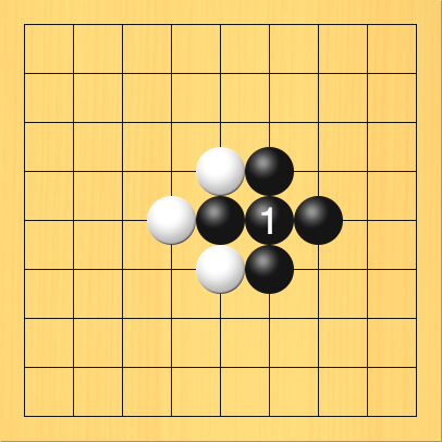 黒がコウをツいだ図。盤面図、黒6の4、黒5の5、黒6の6、黒7の5。白5の4、白4の5、白5の6。進行手順、黒6の5