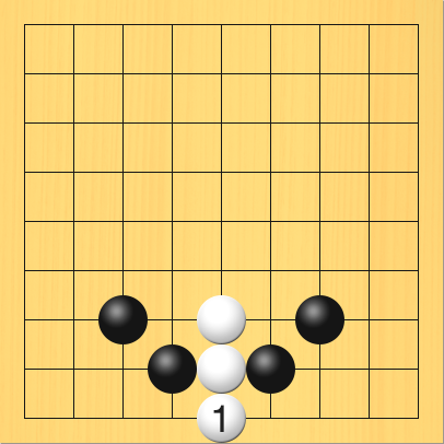 黒がワタリを打たずに、白に分断された図。盤面図、黒3の7、黒4の8、黒6の8、黒7の7。白5の7、白5の8。進行手順、1手目・白5の9