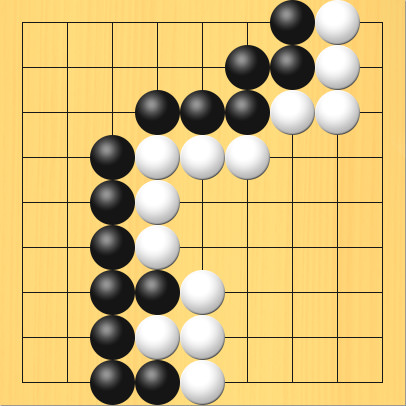 黒が左側、白が右側に陣地を囲っている参考図。盤面図、黒7の1、黒7の2、黒6の2、黒6の3、黒5の3、黒4の3、黒3の4、黒3の5、黒3の6、黒3の7、黒3の8、黒3の9、黒4の7、黒4の9。白8の1、白8の2、白8の3、白7の3、白6の4、白5の4、白4の4、白4の5、白4の6、白5の7、白5の8、白5の9、白4の8