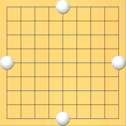 辺にある白石の囲む点に印をつけて点滅させている図。盤面図、白5の1、白9の5、白5の9、白1の5。囲む点、4の1、5の2、6の1、9の4、8の5、9の6、6の9、5の8、4の9、1の6、2の5、1の4
