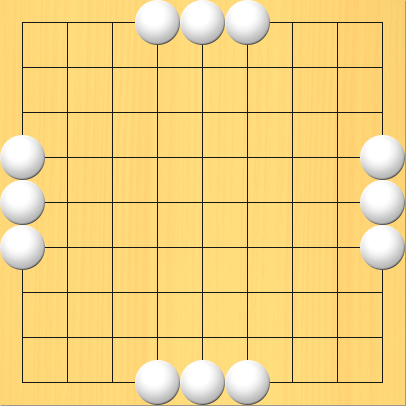辺にある3つ並んだ白石を黒石で囲って取る図。盤面図、白4の1、白5の1、白6の1、白9の4、白9の5、白9の6、白6の9、白5の9、白4の9、白1の6、白1の5、白1の4。進行手順、1手目・黒3の1、2手目・黒4の2、3手目・黒5の2、4手目・黒6の2、5手目・黒7の1。白4の1、白5の1、白6の1の石を盤上から取り上げる。6手目・黒9の3、7手目・黒8の4、8手目・黒8の5、9手目・黒8の6、10手目・黒9の7。白9の4、白9の5、白9の6の石を盤上から取り上げる。11手目・黒7の9、12手目・黒6の8、13手目・黒5の8、14手目・黒4の8、15手目・黒3の9。白6の9、白5の9、白4の9の石を盤上から取り上げる。16手目・黒1の7、17手目・黒2の6、18手目・黒2の5、19手目・黒2の4、20手目・黒1の3。白1の6、白1の5、白1の4の石を盤上から取り上げる