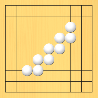 階段のような形になっている白石を黒石で囲って取る図。盤面図、白3の7、白4の6、白4の7、白5の5、白5の6、白6の4、白6の5、白7の3、白7の4。進行手順、1手目・黒7の2、2手目・黒8の3、3手目・黒8の4、4手目・黒7の5、5手目・黒6の6、6手目・黒5の7、7手目・黒4の8、8手目・黒3の8、9手目・黒2の7、10手目・黒3の6、11手目・黒4の5、12手目・黒5の4、13手目・黒6の3。白石を盤上からすべて取り上げる