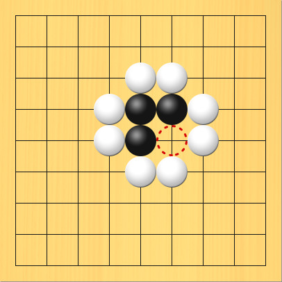 8つの白石の中に黒石が3つあって着手禁止点に赤丸印をつけた図。盤面図、白4の5、白4の4、白5の3、白6の3、白7の4、白7の5、白6の6、白5の6。黒5の4、黒5の5、黒6の4。赤丸印の場所、6の5