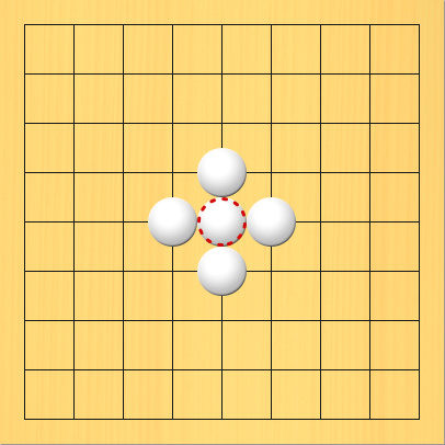 黒の着手禁止点に白石を打っている図。盤面図、白4の5、白5の4、白6の5、白5の6、白5の5。赤丸印の場所、5の5