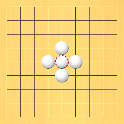 黒の着手禁止点に白石を打っている図。盤面図、白4の5、白5の4、白6の5、白5の6、白5の5。赤丸印の場所、5の5