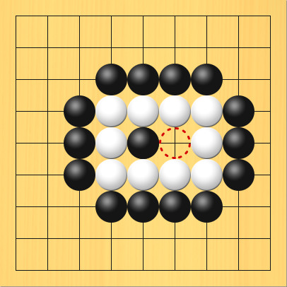 黒石で囲まれた白石の中の空いた部分に赤い印をつけた図。盤面図、黒5の5。白4の4、白4の5、白4の6、白5の4、白5の6、白6の4、白6の6、白7の4、白7の5、白7の6。黒4の3、黒5の3、黒6の3、黒7の3、黒8の4、黒8の5、黒8の6、黒7の7、黒6の7、黒5の7、黒4の7、黒3の6、黒3の5、黒3の4。赤丸印の場所、6の5