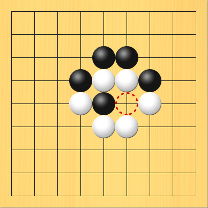 黒と白両方がアタリになっていて次に打った方が取れる図。盤面図、黒5の5、黒4の4、黒5の3、黒6の3、黒7の4。白4の5、白5の4、白5の6、白6の4、白6の6、白7の5。赤丸印の場所、6の5