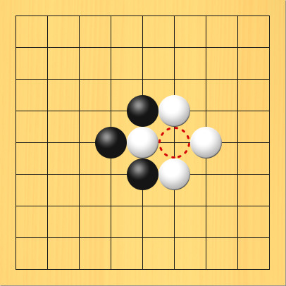 コウの形。盤面図、黒5の4、黒4の5、黒5の6。白5の5、白6の4、白7の5、白6の6。赤丸印の場所、6の5