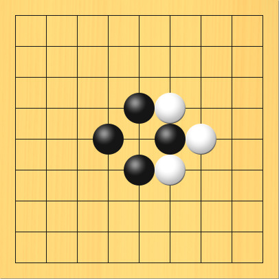 コウの形で黒石がアタリになっている状態。盤面図、黒5の4、黒4の5、黒5の6、黒6の5。白6の4、白7の5、白6の6。