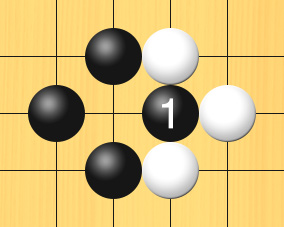 コウの形で黒が1子を抜いた図。盤面図、黒5の4、黒4の5、黒5の6。白5の5、白6の4、白7の5、白6の6。進行手順、1手目・黒6の5に打って、白5の5の石を取る。
