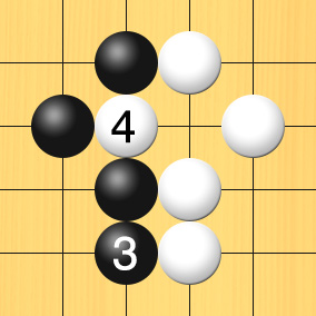 黒が他の場所へ打ってから白がコウを取り返した図。盤面図、黒5の4、黒4の5、黒5の6、黒6の5。白6の4、白7の5、白6の6、白6の7。進行手順、3手目・黒5の7、4手目・白5の5に打って、黒6の5の石を取る。