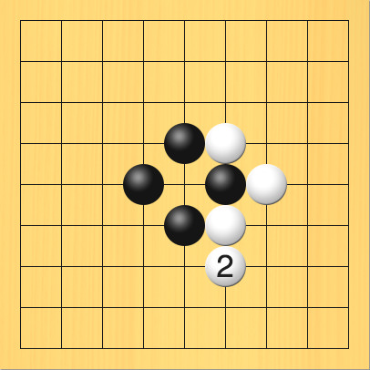白が2手目に他の場所へ打った図。盤面図、黒5の4、黒4の5、黒5の6、黒6の5。白6の4、白7の5、白6の6。進行手順、2手目・白6の7